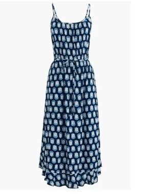 J. Crew Factory Ruffle Midi Dress With Curved Hem in Blue Block Print Sz 10